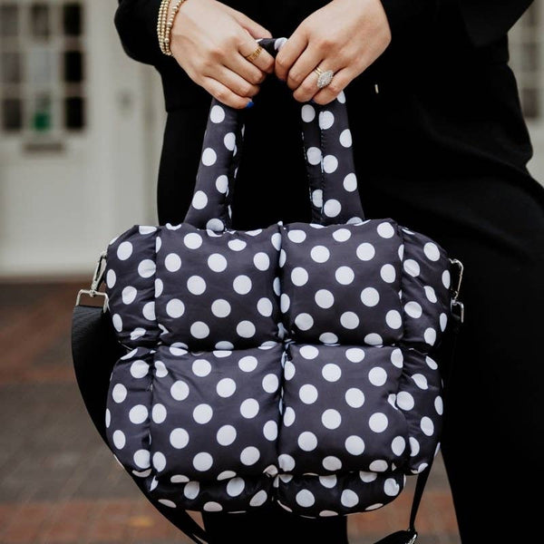 Black and White Polka Dot Wholesale Mini Puffer Tote Bag: Black - Lulu Bella Boutique