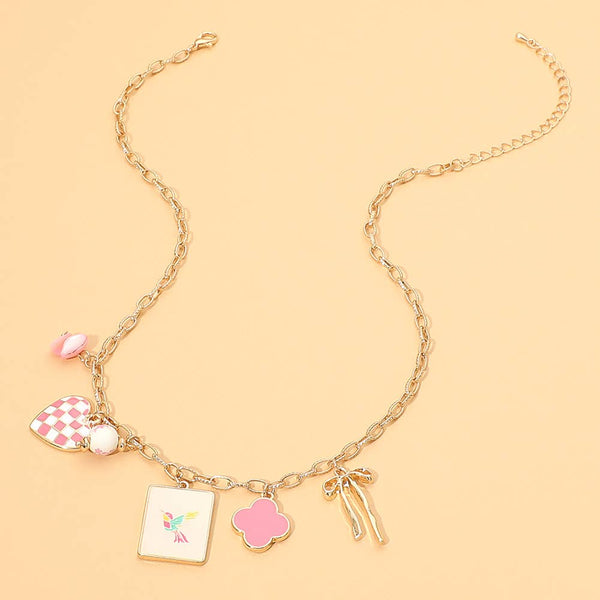 Mahjong Tile Quatrefoil Bow Checkered Heart Charm Station Necklace