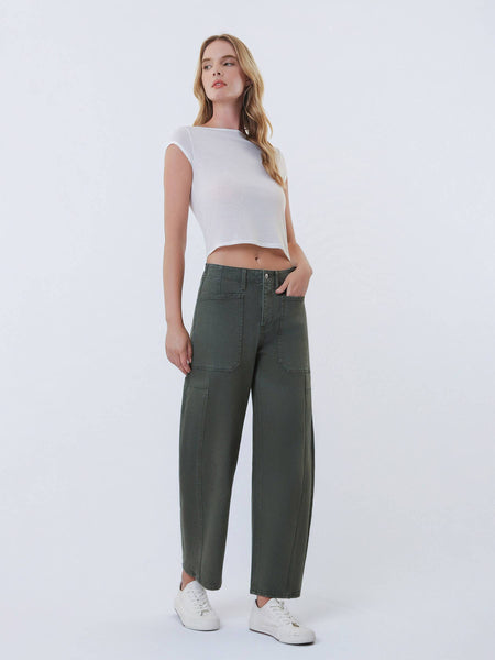 SUPER HIGH RISE ELASTIC WAISTBAND BARREL JEANS: DEEP FOREST - Lulu Bella Boutique