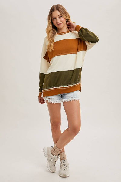 COLOR BLOCK KNIT SWEATSHIRT PULLOVER: CAMEL/OLIVE / L