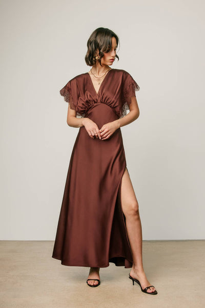 Lace Sleeve Satin Blouson Maxi Dress: RUM RAISIN