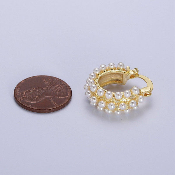 Triple White Round Pearl Lined 21mm Gold Hoop Latch Earrings | T020