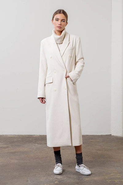 NOTCH COLLAR BUTTON FRONT LONG LINE COAT: CREAM