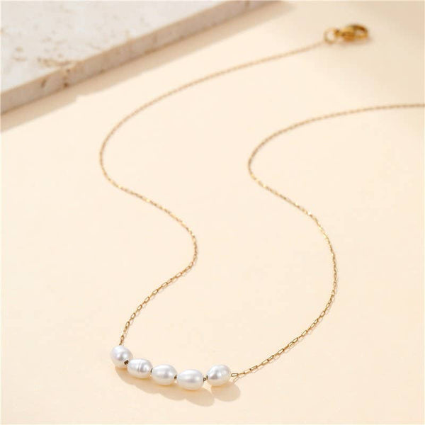 STAINLESS STEEL NON-TARNISH PEARL NECKLACE | 40NK9692: Gold - Lulu Bella Boutique