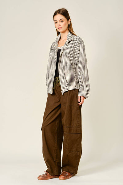 PLAID FUNNEL NECK BOMBER JACKET: ECRU/BLACK