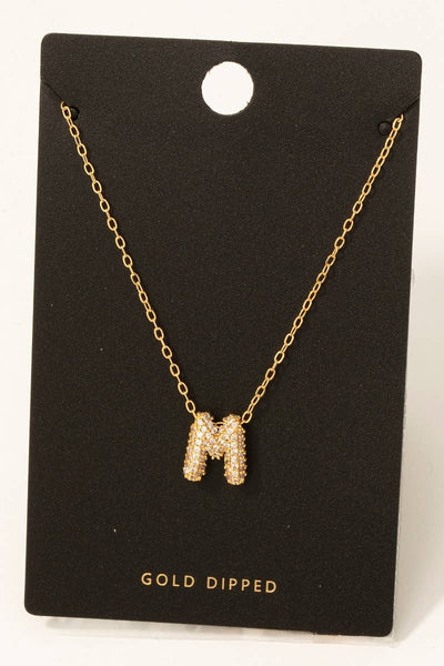 Gold Dipped Cz Pave Bubble Letter Pendant Necklace: A - Lulu Bella Boutique