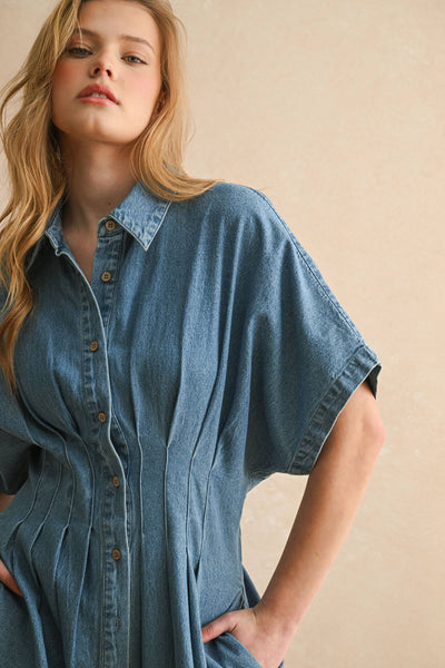 JU5542   CHAMBRAY DENIM BUTTON DOWN JUMPSUIT: DENIM / S - Lulu Bella Boutique