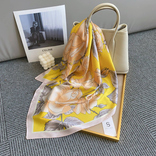 FLOWER SILKY BANDANA SQUARE NECK SCARF, DS 31169: YL - Lulu Bella Boutique