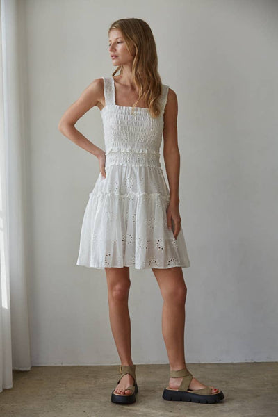 L9316 | Woven Cotton Eyelet Smocked Sleeveless Mini Dress: White / 3S-2M-1L - Lulu Bella Boutique
