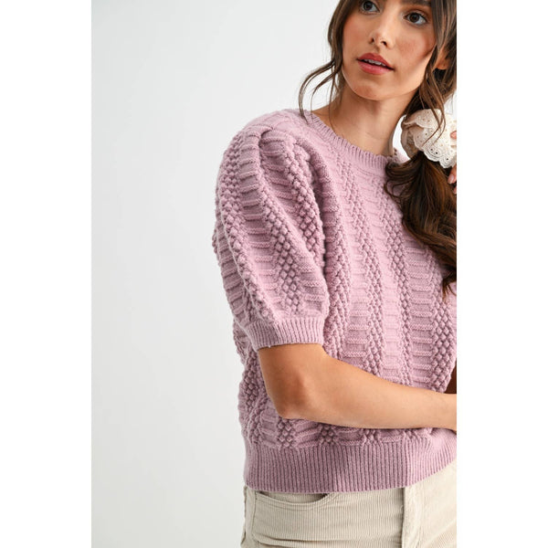TEXTURED PUFF SLEEVE KNIT SWEATER: MAUVE
