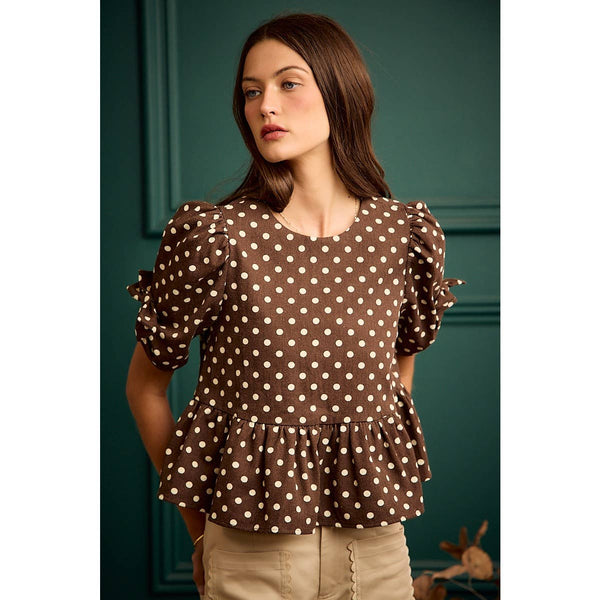 POLKA DOT BOW DETAIL SHORT SLEEVES PEPLUM TOP: BROWN/IVORY