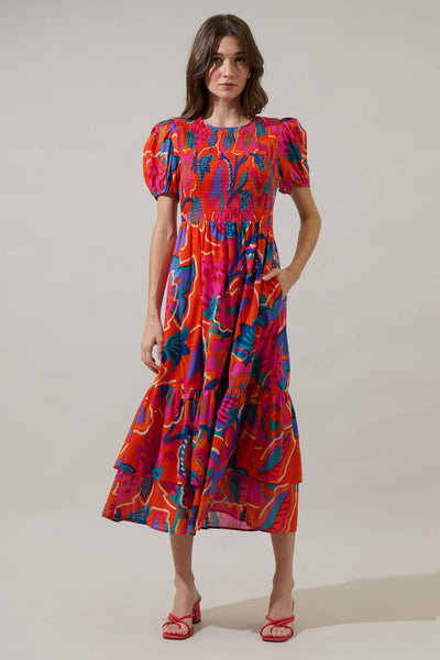 Kahlia Tropics Aruba Smocked Midi Dress: Red Multi / S - Lulu Bella Boutique