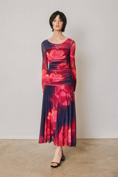 Floral Mesh Ruched Maxi Dress: PLUM ROSE