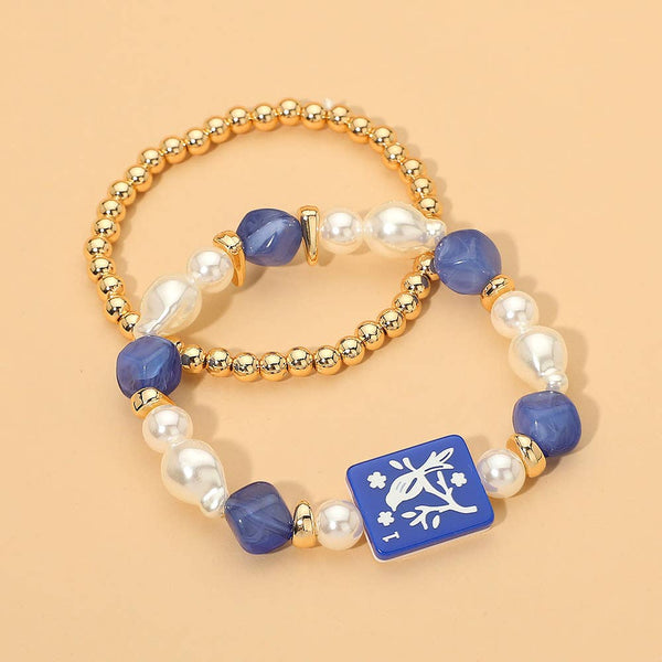 2PCS - Mahjong Tile Pearl Beaded Stretch Multi Layered Bracelets: Blue,Gold