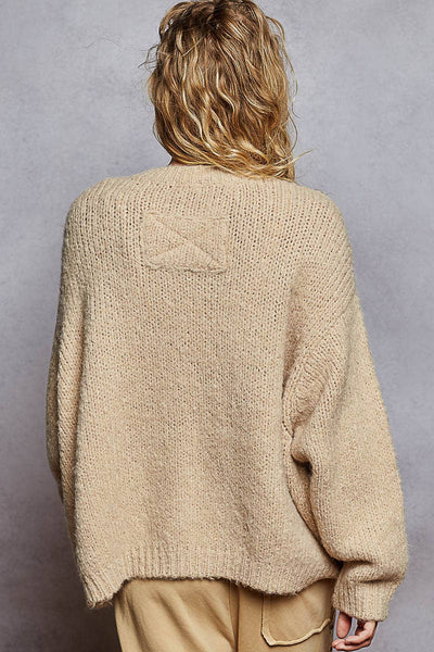 Long sleeve round neck solid words knit sweater top: OATMEAL / S - Lulu Bella Boutique