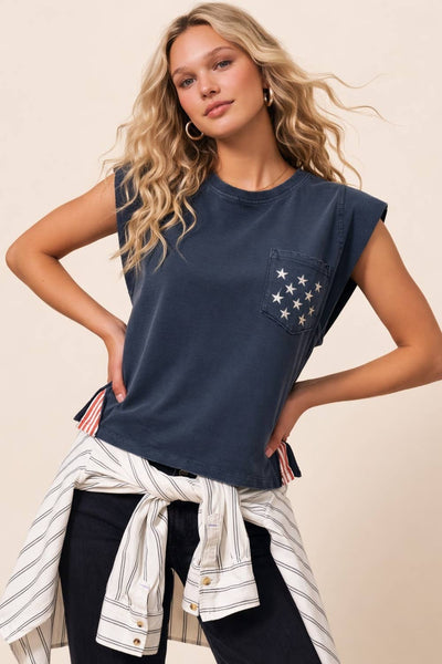 250th USA star pocket stripe side tank: NAVY / S - Lulu Bella Boutique