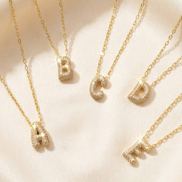 Gold Dipped Cz Pave Bubble Letter Pendant Necklace: R - Lulu Bella Boutique