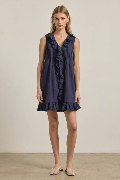 Ruffle Trim Pintuck Dress with Slip Lining - RD1276: NAVY / S-M-L (3-2-1) - Lulu Bella Boutique