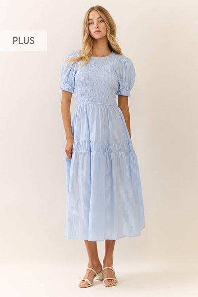 Plus Smocked Bodice Midi Dress : LT Blue / Plus Size / 1XL - Lulu Bella Boutique