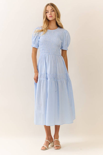 Smocked Bodice Midi Dress : LT Blue / S - Lulu Bella Boutique