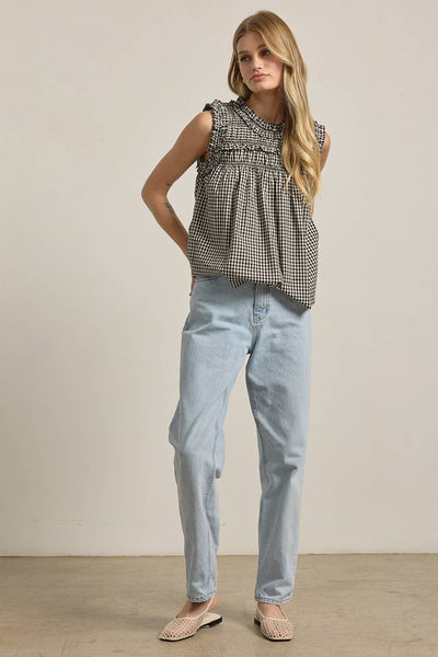 GINGHAM RUFFLE BLOUSE - RT1037: Black / S-M-L (3-2-1) - Lulu Bella Boutique