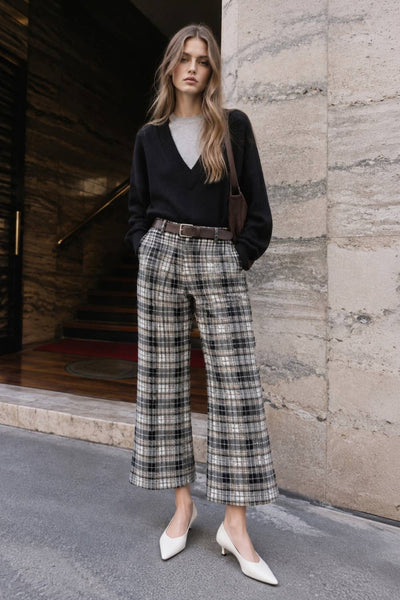 PLAID WIDE LEGS CROPPED PANTS: BLACK/TAUPE