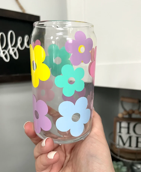 Spring Floral Can Glass Cup, Pastel: 16 oz W/ Lid - Lulu Bella Boutique