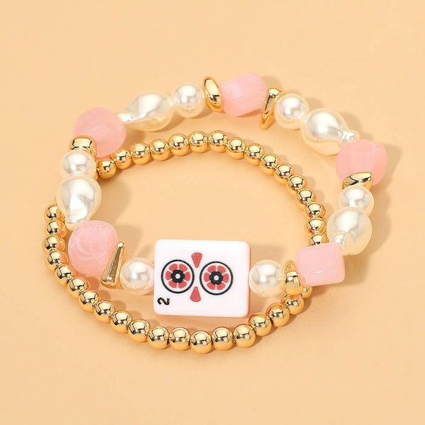 2PCS - Mahjong Tile Pearl Beaded Stretch Multi Layered Bracelets: Blue,Gold