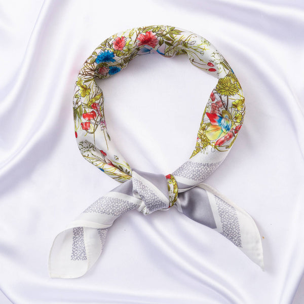 FLOWER SILKY BANDANA SQUARE NECK SCARF, DS 31165: GRY - Lulu Bella Boutique