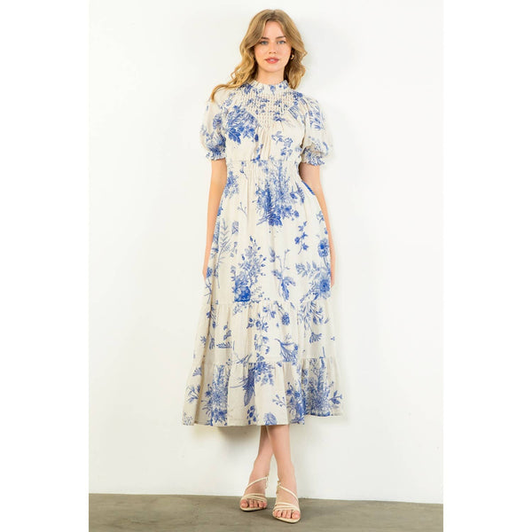 Floral Print Short Sleeve Maxi Dress: BLUE / XS-S-M-L(1-2-2-1) - Lulu Bella Boutique