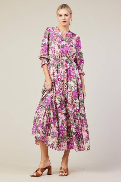 Long Sleeve Printed Split Neck Tiered Maxi Dress: Orchid Multi - Lulu Bella Boutique