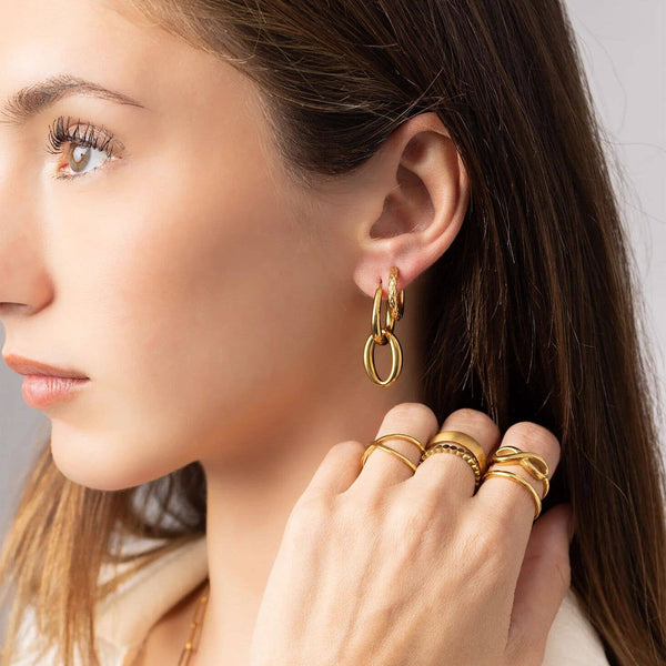 18K Gold PVD Stainless Steel Double Hoop Dangle Earrings: Gold - Lulu Bella Boutique