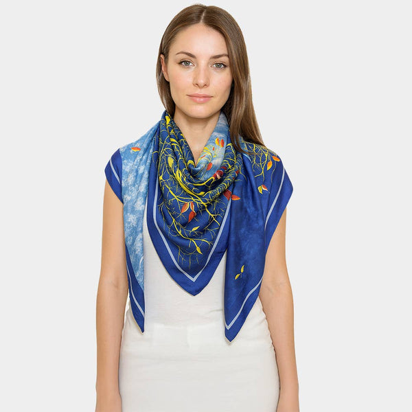 Elegant Silk Botanical Large Square Scarf: Yellow