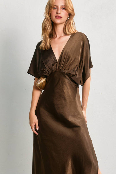 Satin Blouson Maxi Dress: ESPRESSO