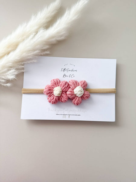 Crochet Flowers Hair Clips & Headbands: Tan & Brown Flower / Pigtail Set - Lulu Bella Boutique