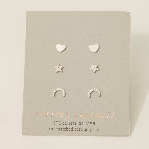 Sterling Silver Cz Pave Heart Star Moon Stud Earrings Set: GZ - Lulu Bella Boutique