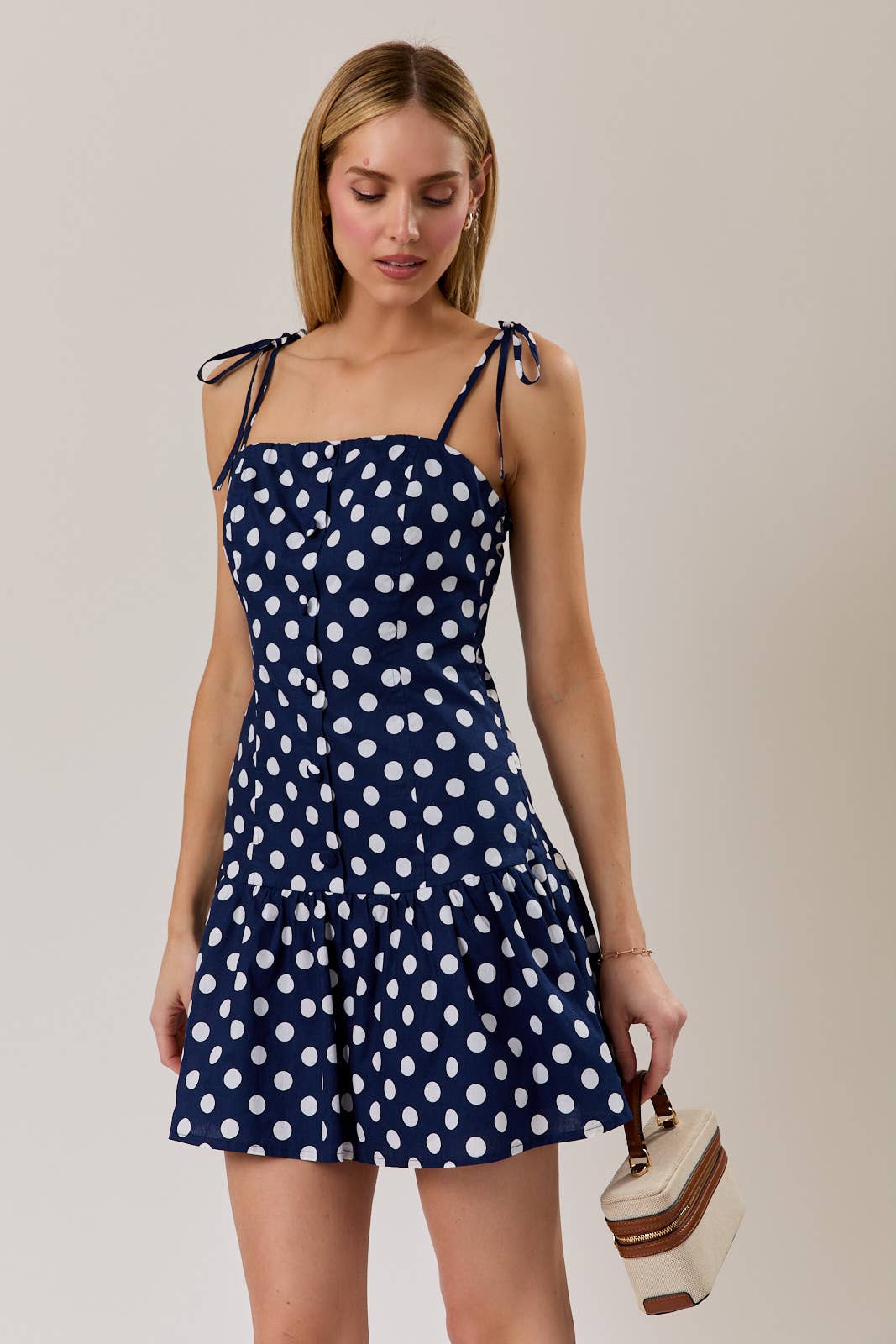 DROP WAIST BUTTON DETAIL POLKA DOT MINI DRESS: NAVY-WHITE DOT M
