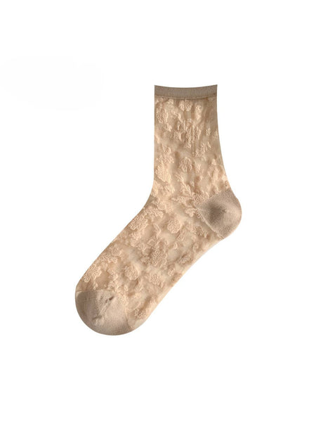 Elegant Bloom Sheer Lace Socks: Khaki