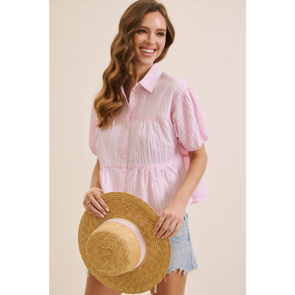 TEXTURED STRIPE OVERSIZED SHIRT WITH CONTRAST STITCHING: PINK / S - Lulu Bella Boutique