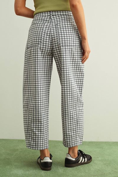 P5936   MINI CHECKER PATTERN BARREL PANTS: NAVY / S - Lulu Bella Boutique