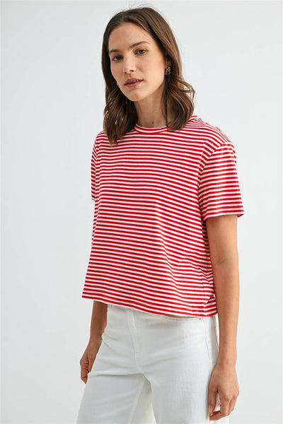 STRIPE SHORT SLEEVE TOP: Red