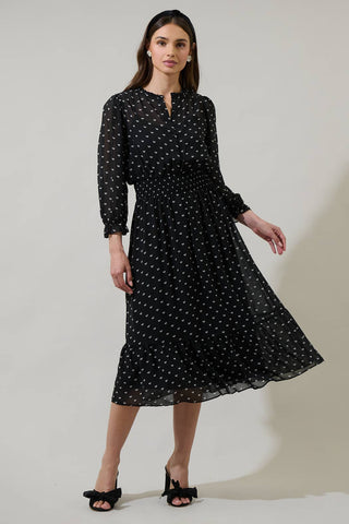 Rosaly Bow Irene Smocked Midi Dress: BLACK-WHITE