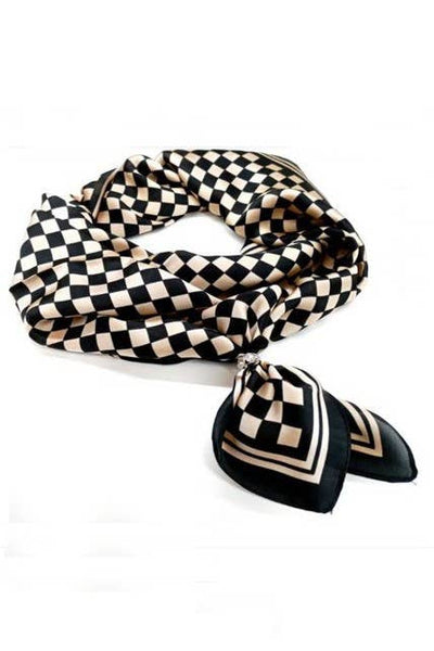LARGE CHECKER PRINT SILKY FEEL BANDANA SCARF: Brown