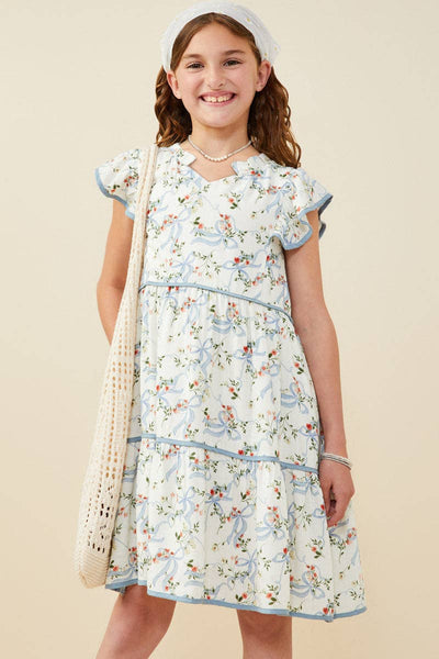 Girls Floral Ribbon Print Contrast Trim Dress: Blue
