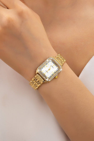 ENCRUSTED BEZEL RECTANGLE FACE BAND BRACELET WATCH | 80W005: GOLD-WHITE - Lulu Bella Boutique
