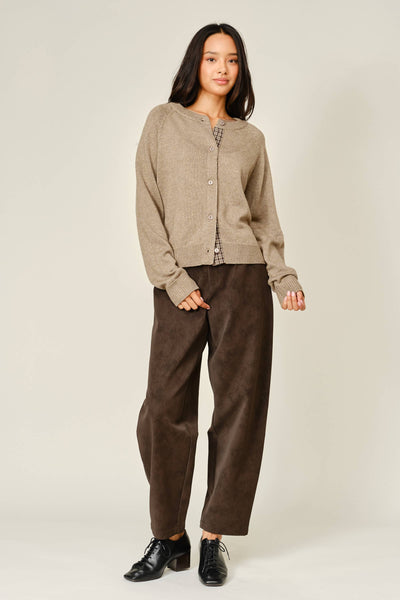 WOOL BLENDED PLAID PLACKET DETAIL SWEATER CARDIGAN: MUSHROOM