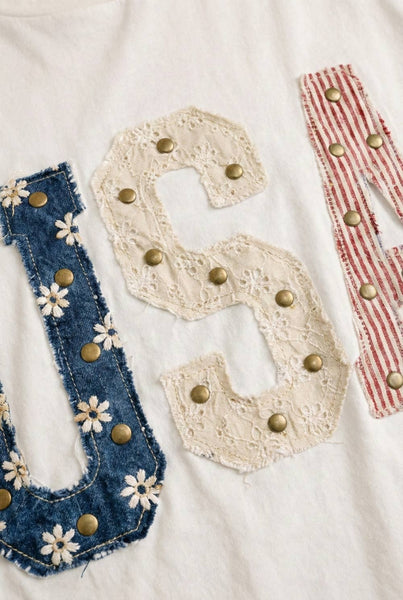 Mixed-Media Studded USA Graphic Tee: WHITE / S - Lulu Bella Boutique