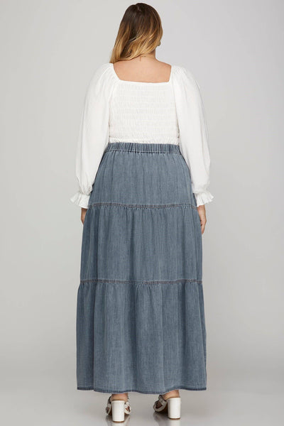 Plus Washed Denim Tiered Long Skirt: DENIM BLUE - Lulu Bella Boutique