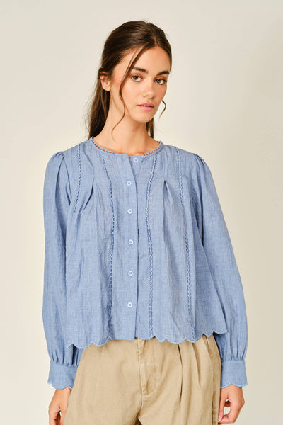 SCALLOP LACE DETAIL A LINE BLOUSE: DENIM BLUE