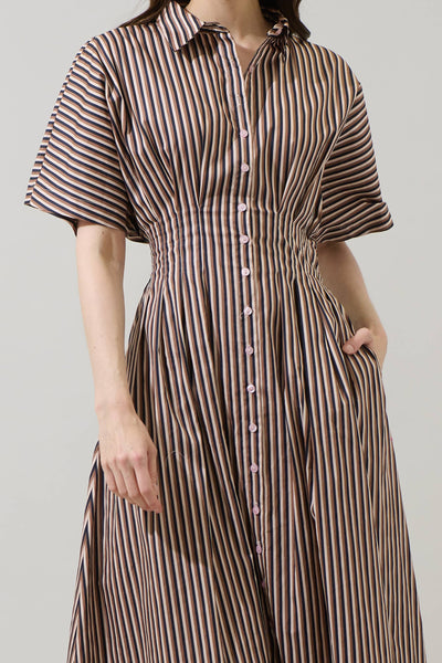 Barkline Stripe Wilderra Pleated Midi Dress: BrownMulti / XS - Lulu Bella Boutique